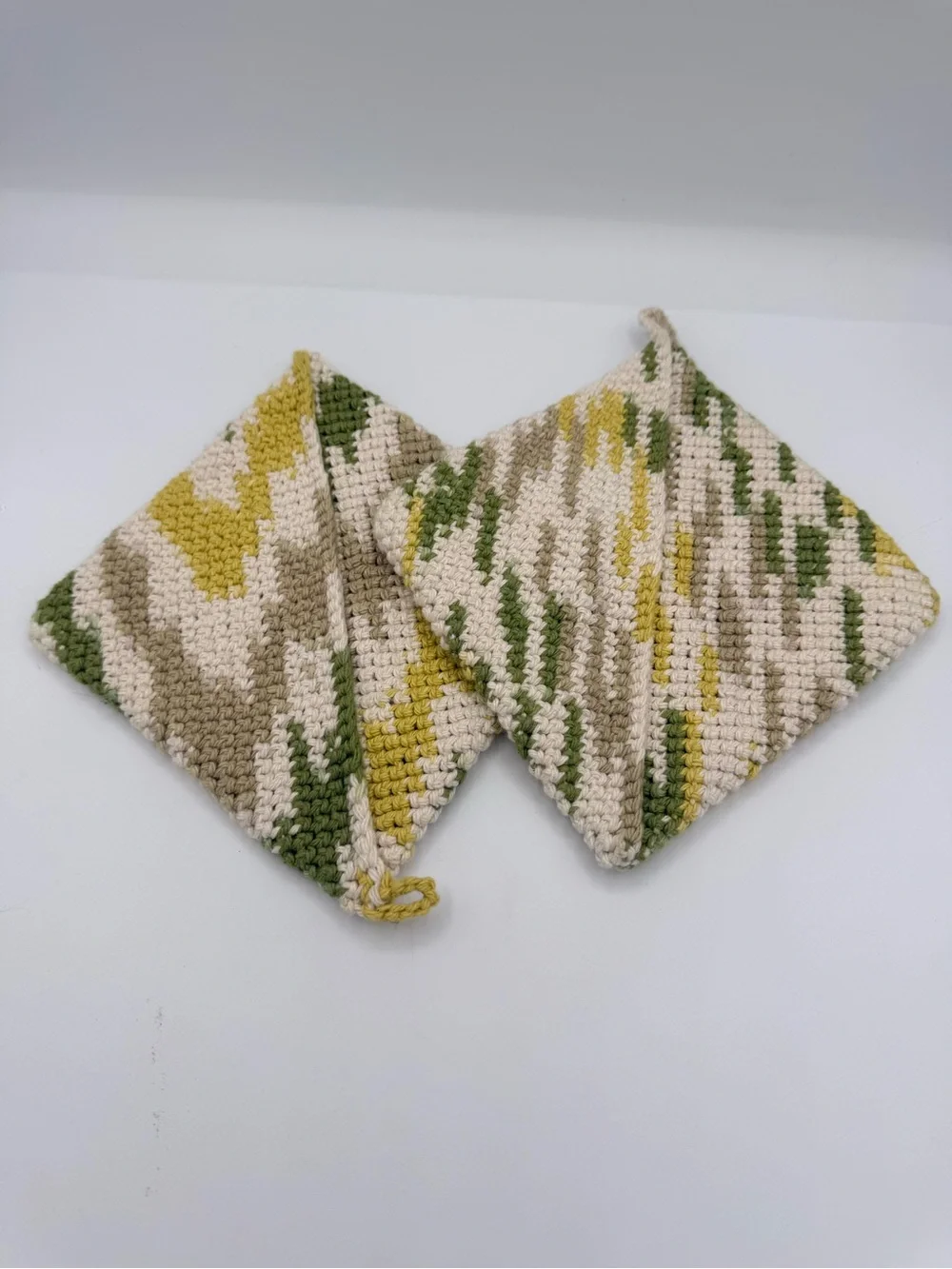 Handmade Crocheted Pot Holders in Cream, Olive Green & Mustard